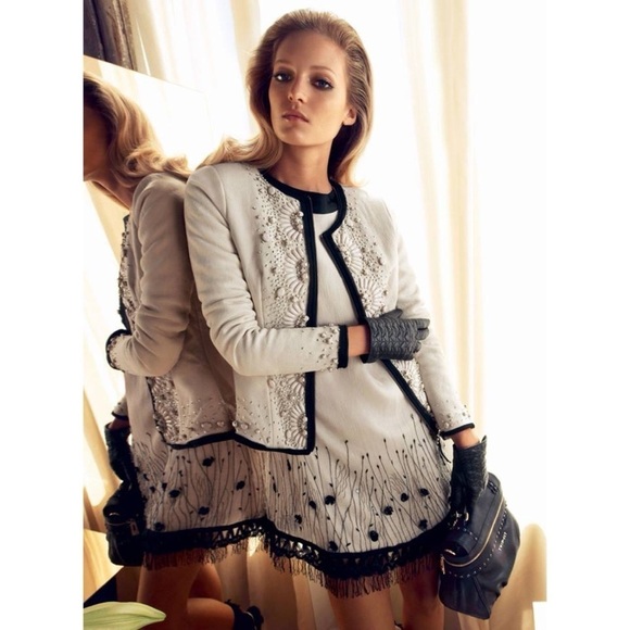 Twin-Set Simona Barbieri Ecru Black Floral Beaded Tassel Tie Back Dress - Picture 1 of 12